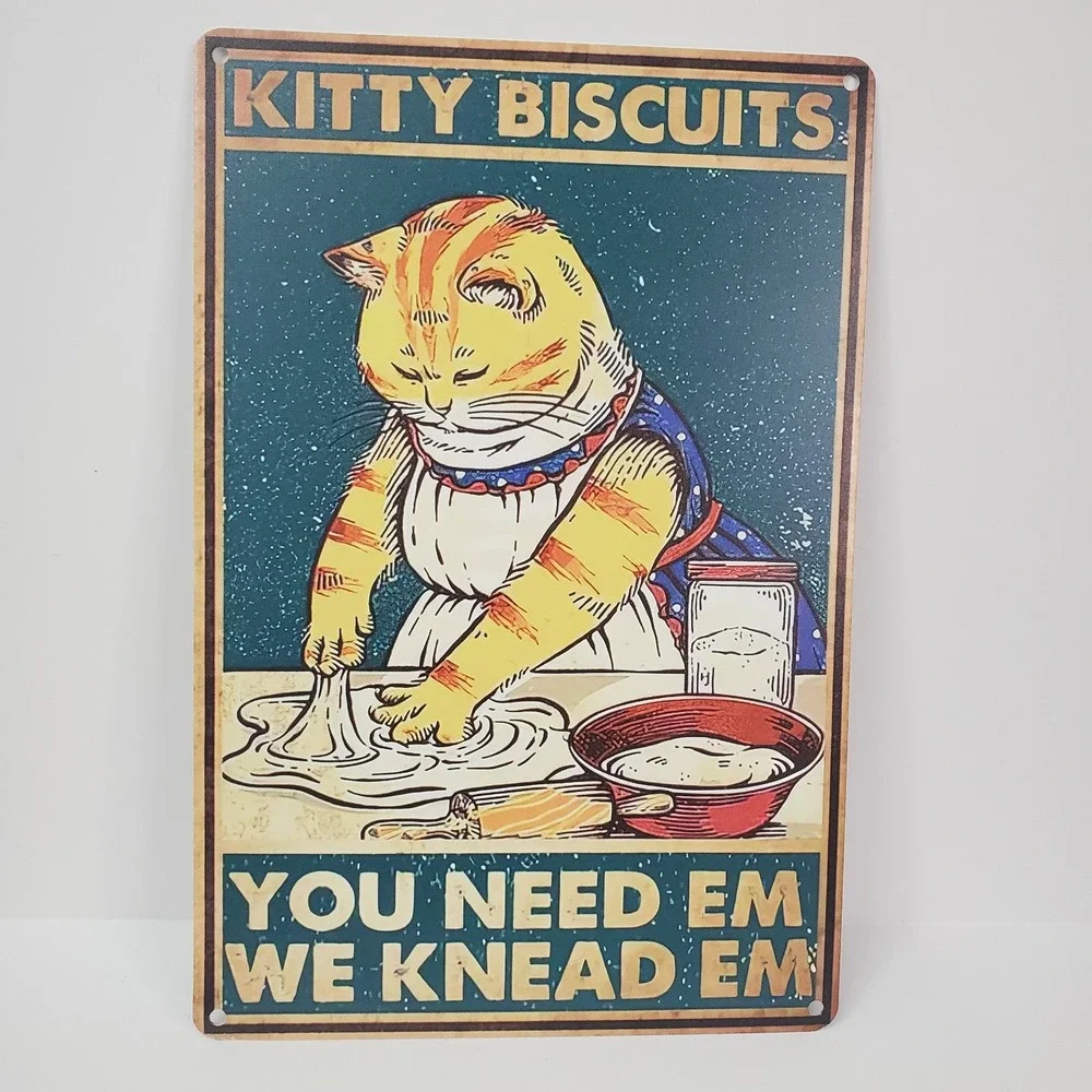 Kitty Biscuits We Knead Em You Need Em Retro Metal Tin Sign‎ Baking Tabby Cat
